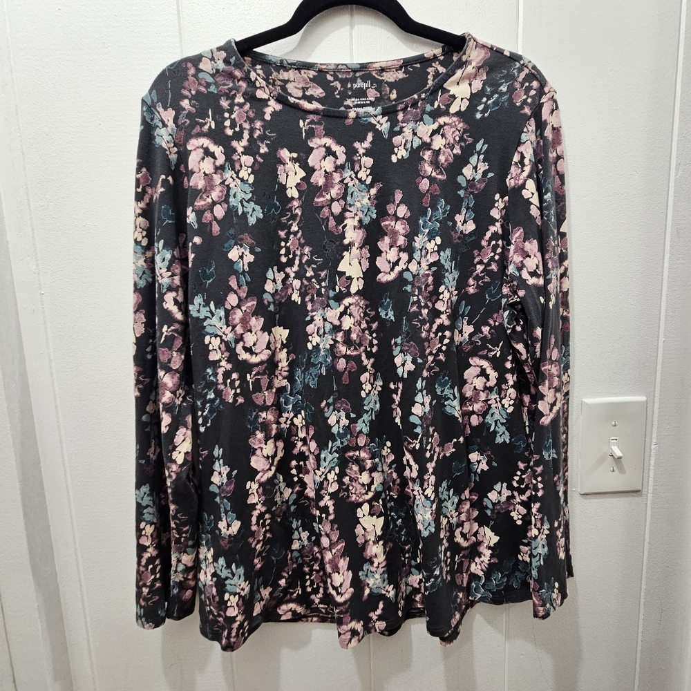 J.Jill Pure Jill Long Sleeve Shirttail Tee PurpleGray Floral Print Women’s Large